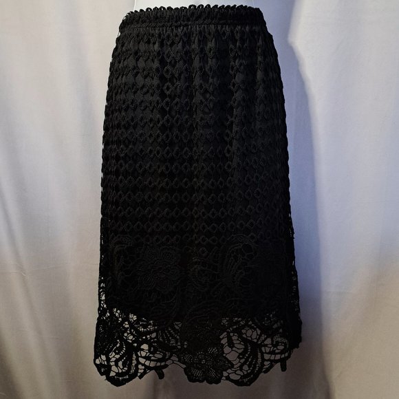 MOLLY BRACKEN NWT LACE Skirt Sz Medium ELASTIC WAIST lined OFFICE FORMAL BLACK - Picture 1 of 13
